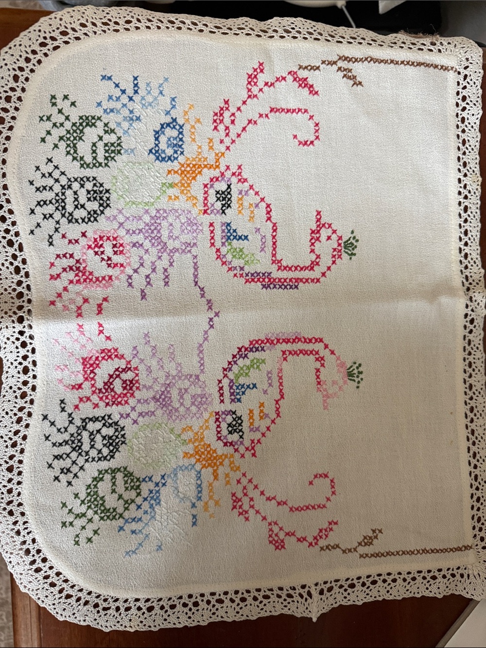 Handmade Multicolor Cross-Stitch Doily with Crochet Edge